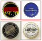 Preview: Vier Stück Kronkorken (88a) verschiedener Marken -  Unbekannte Marke, Oettinger Pils, Schraubkappe Engel Pils und Schöfferhofer Kristallweizen