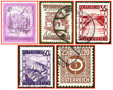 Österreich (105a) - fünf gestempelte Briefmarken verschiedene Werte - Republik Österreich