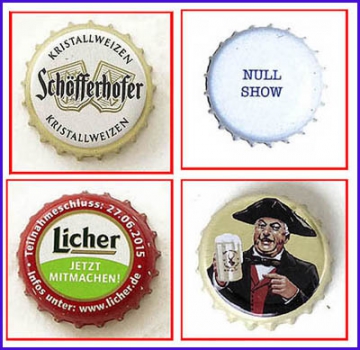 Vier Stück Kronkorken (84a) verschiedener Marken - Schöfferhofer Weizen, Oettinger Pils, Licher jetzt mitmachen und Schmucker Mossautal