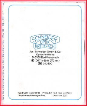 Schneider - Schärfentiefen-Tabellen für Vario-Objektive Super-8 Kameras - Original