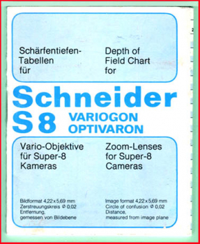 Schneider - Schärfentiefen-Tabellen für Vario-Objektive Super-8 Kameras - Original