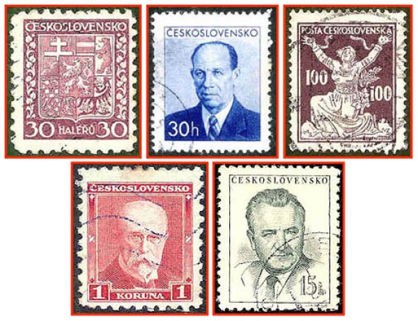 Tschechoslowakei (051) - fünf gestempelte Briefmarken verschiedene Werte - Ceskoslovensko