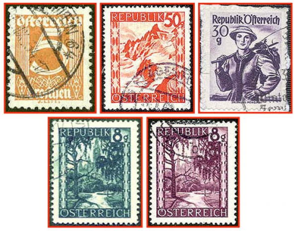 Österreich (111) - fünf gestempelte Briefmarken verschiedene Werte - Republik Österreich