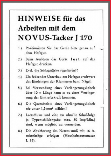 Novus Verwendungsrichtlinien - für Supertacker J-170 electronic - Original