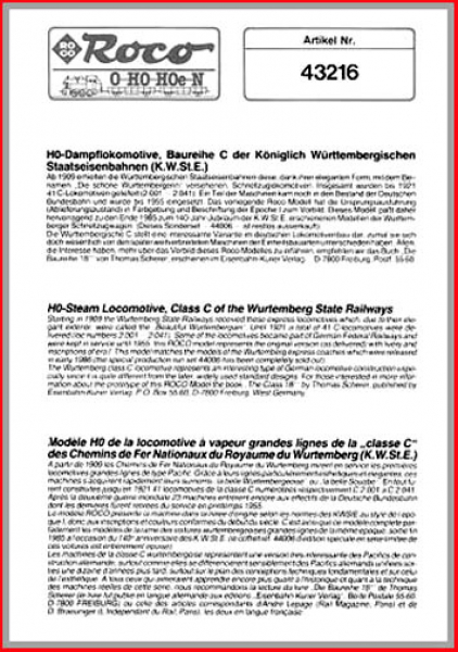 Roco H0 Betriebsanleitung für Dampflok 43216 - Baureihe C der K.W.St.E.